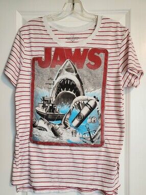 One Of A Kind Custom Jaws Graphic Striped Tee - Red/White Sz Med.
